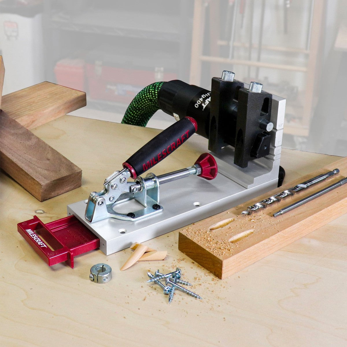 Milescraft Pocket Hole Jig 400 system in use, showing precise drilling angle