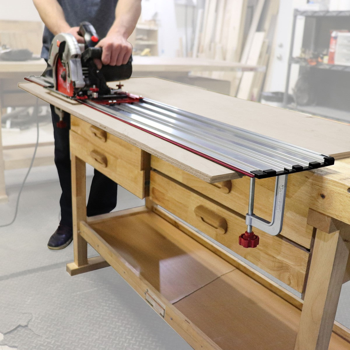 Milescraft Track Saw Guide Bundle with Extension Rail Kit and TrackSawSquare in use for precise woodworking cuts