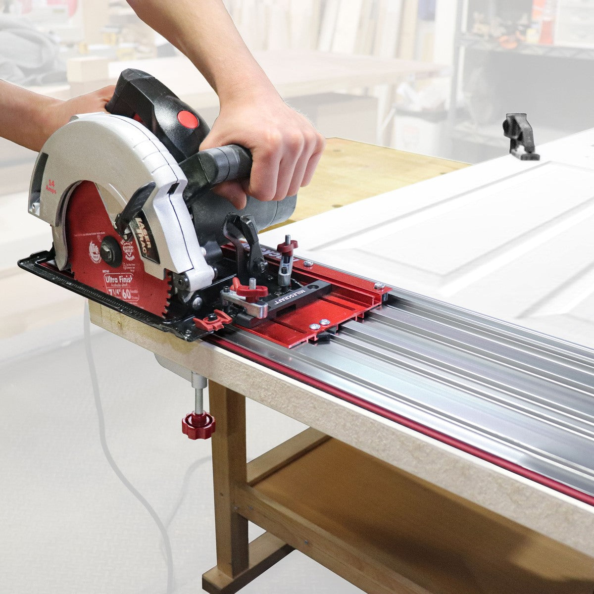 Milescraft Track Saw Guide Bundle with Extension Rail Kit and TrackSawSquare in use for precise cuts in woodworking workshop
