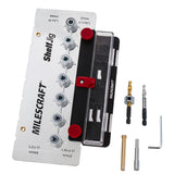 Milescraft ShelfJig shelf pin hole positioning jig in use on wood board