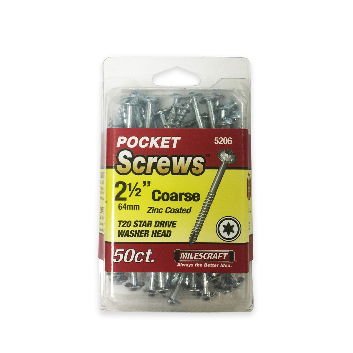 Milescraft 63mm Coarse Thread Pocket Hole Screws in zinc-coated finish with T20 Star drive ideal for woodworking projects
