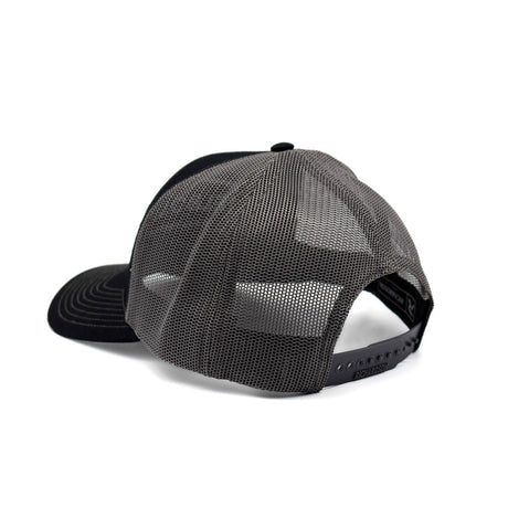 Melbourne Tool Company Black & Charcoal Trucker Cap with white embroidered logo, adjustable strap, and pre-curved visor