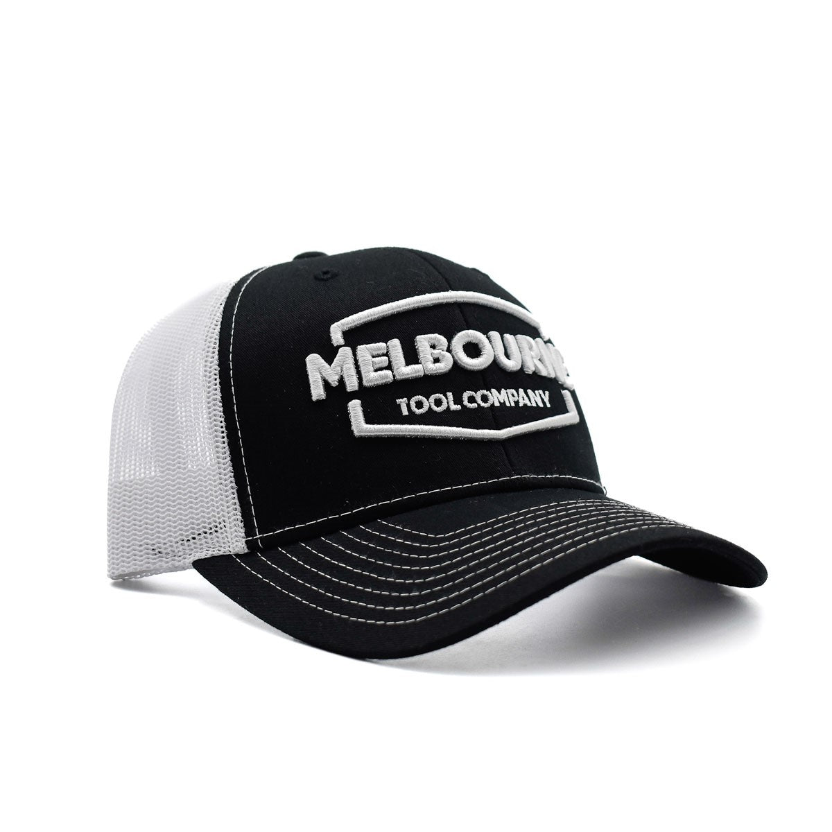 Melbourne Tool Company black and white trucker cap with embroidered logo