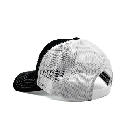 Melbourne Tool Company black & white embroidered trucker cap with logo on front