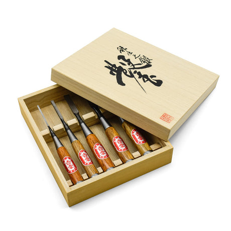 Fujikawa Japanese Chisels Set of 5 Oire Nomi Yellow Steel Woodworking Tools
