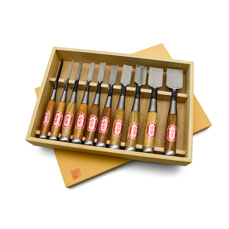 Fujikawa Japanese Chisels Set of Ten Oire Nomi Yellow Paper Steel on white background with wooden handles