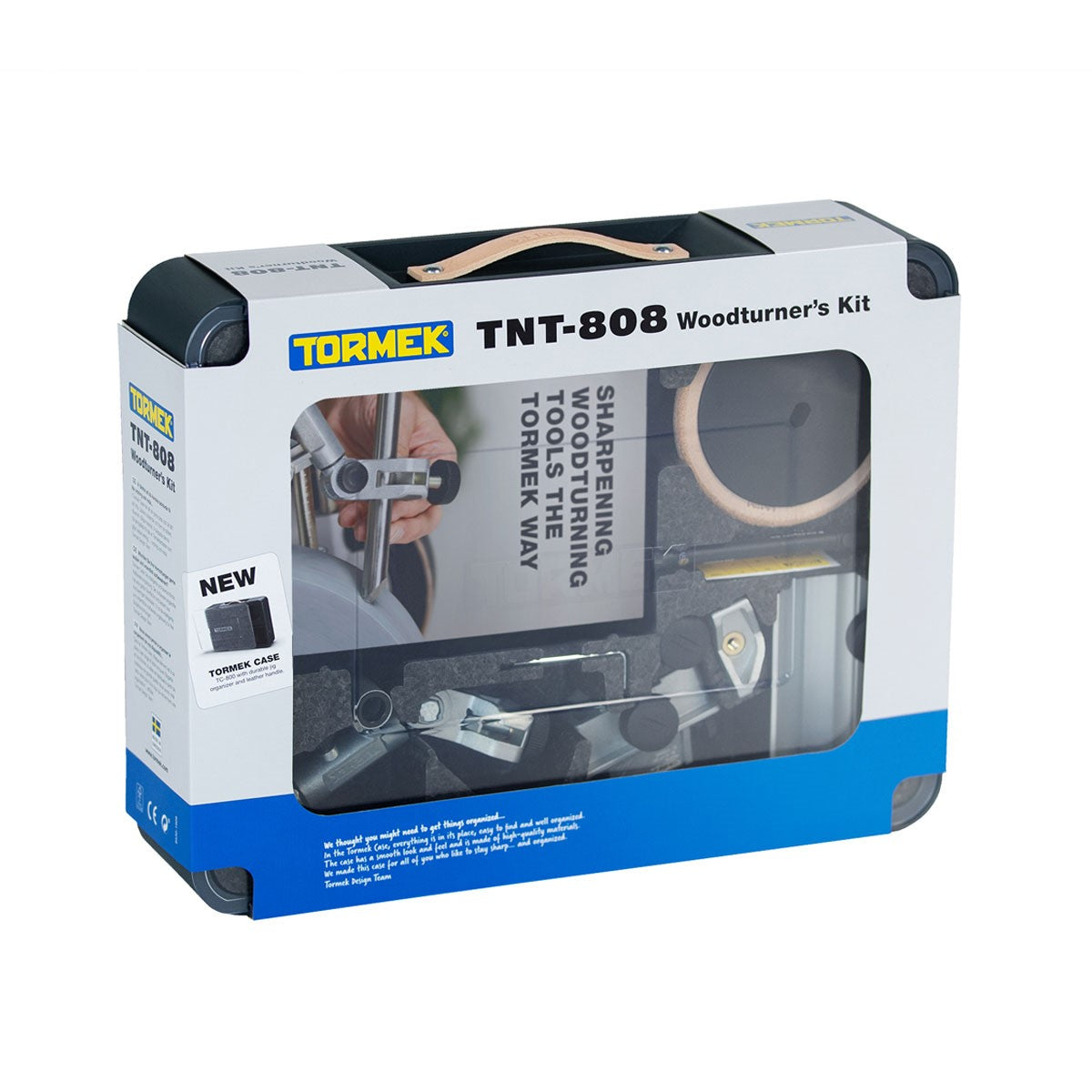 Tormek Woodturners Accessory Set for Wetstone Grinders, close-up of sharpening tools on wooden bench