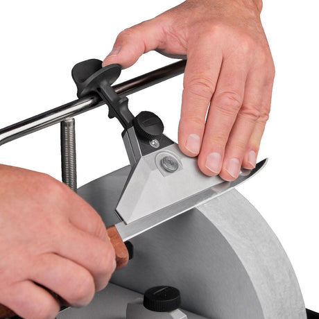 Tormek Wetstone Grinder Wide Centering Knife Jig in action, producing razor-sharp results swiftly