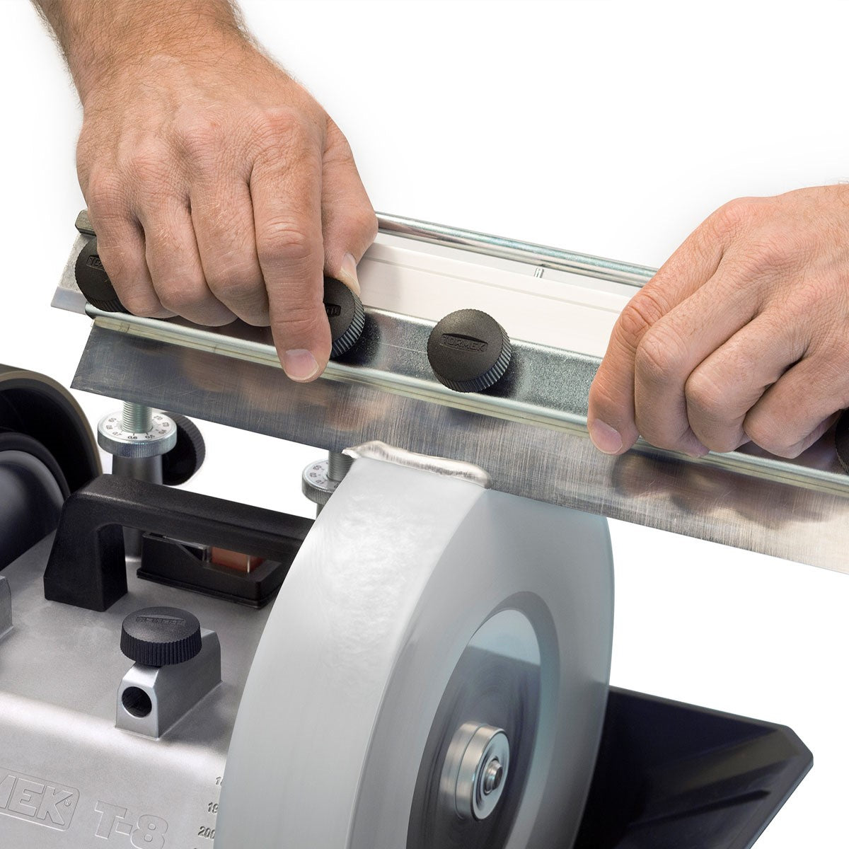 Tormek Wetstone Grinder Planer / Jointer Blade Jig in action, delivering precise sharpening results rapidly