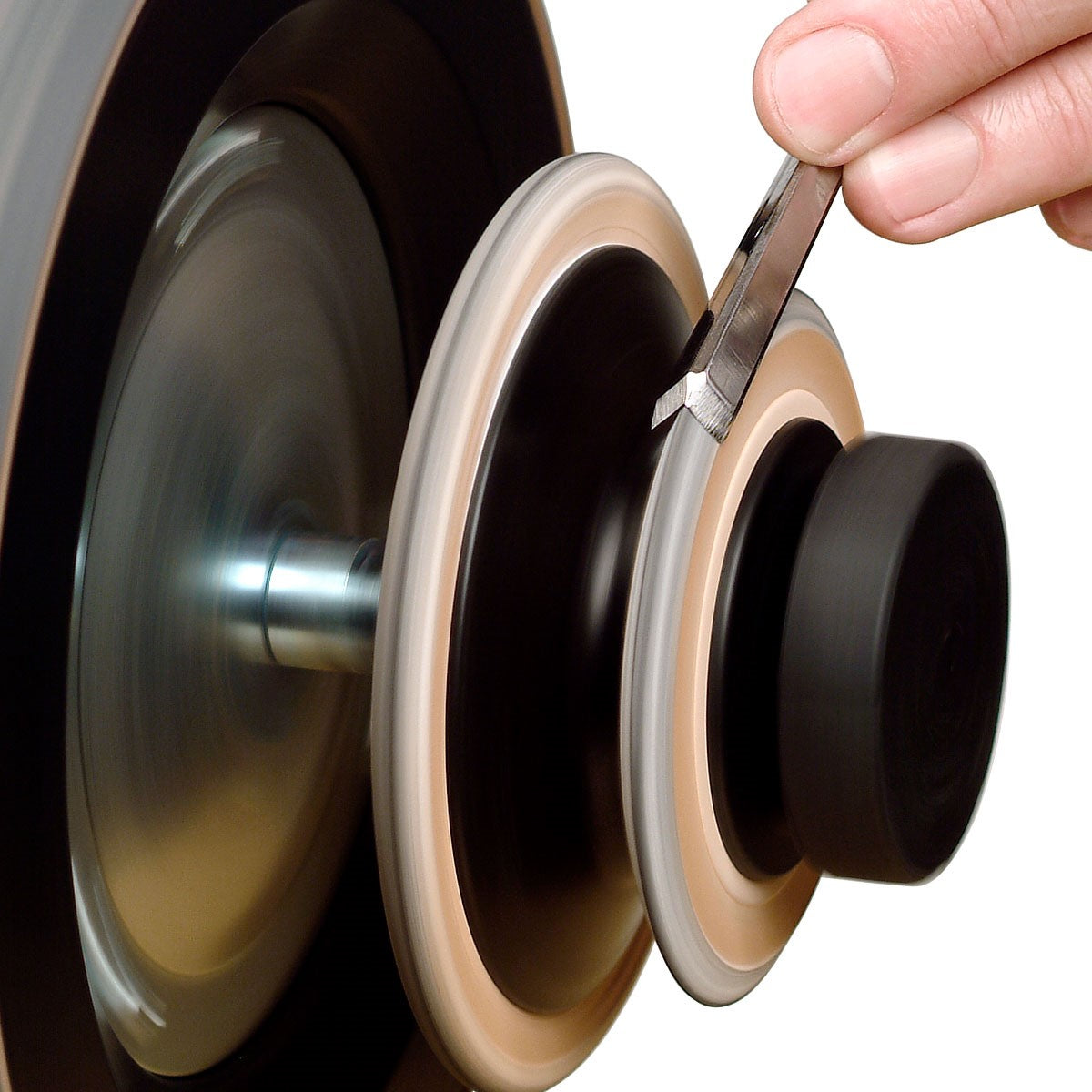 Tormek Wetstone Grinder Profiled Leather Honing Wheel in action