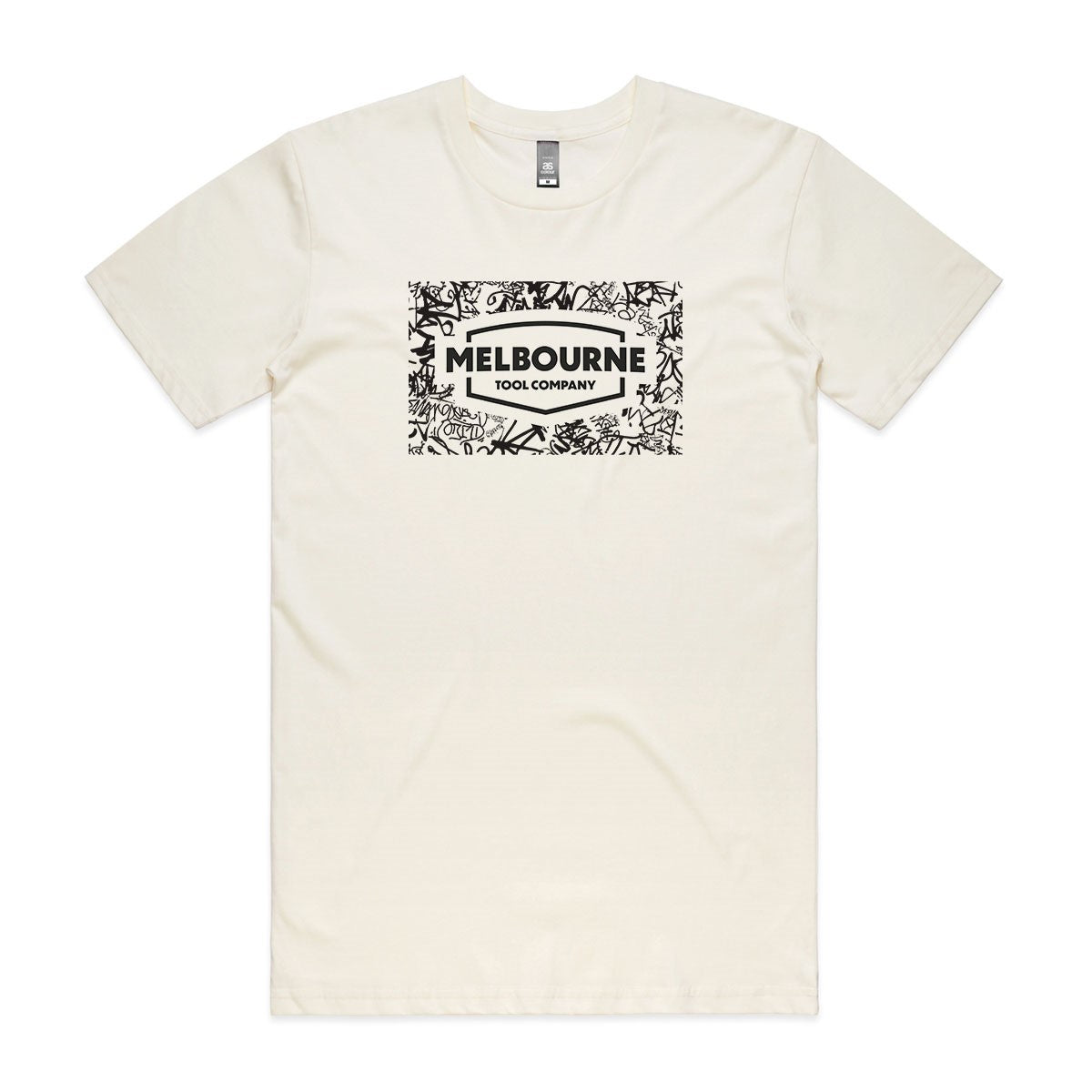 Melbourne Tool Company T-Shirt in Antique White with Grafitti Logo on street art backdrop, available in four sizes