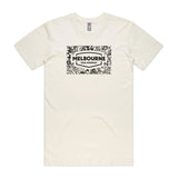 Melbourne Tool Company T-Shirt in Antique White with Grafitti Logo on street art backdrop, available in four sizes