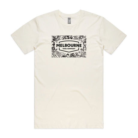 Melbourne Tool Company T-Shirt in Antique White with Grafitti Logo on street art backdrop, available in four sizes