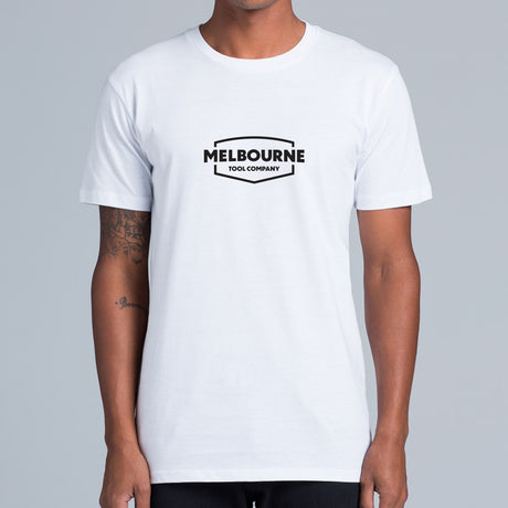 Melbourne Tool Company Snow White T-Shirt with Chevron Logo, screen printed in black, available in four sizes