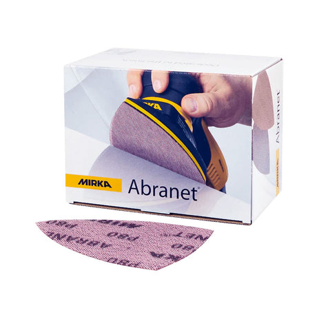 Mirka Abranet DEOS DELTA Sanding Sheet Pack of 50 in use on wood surface
