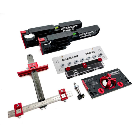 Milescraft Cabinet Makers Hardware and Hinge Jig Set with Upgraded Shelf Pin Jig in use