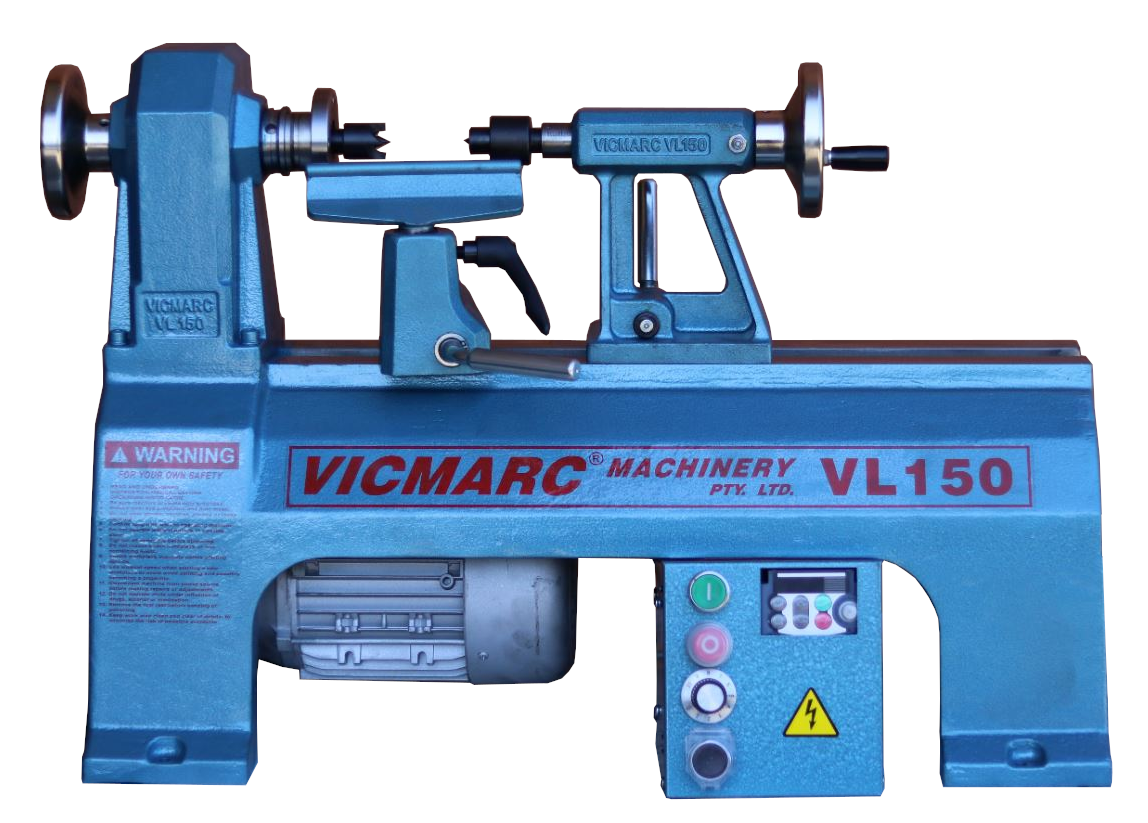 Vicmarc VL150 Midi Wood Lathe with Stand Mount 1HP EVS side view, showing sturdy cast iron construction