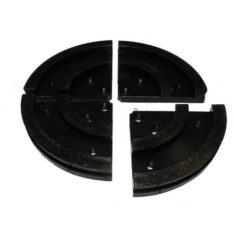 Vicmarc Multipurpose Jaws for VM90/100 Chuck on wood lathe, with segments removed for versatile use. Uni-Chuck adaptability shown