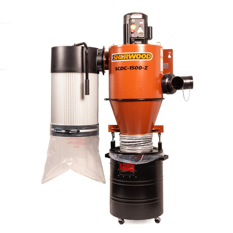 Sherwood 1.5HP Cyclone Dust Extractor Wall Mounted Two-Stage Dust Collection 1100CFM in compact workshop setup