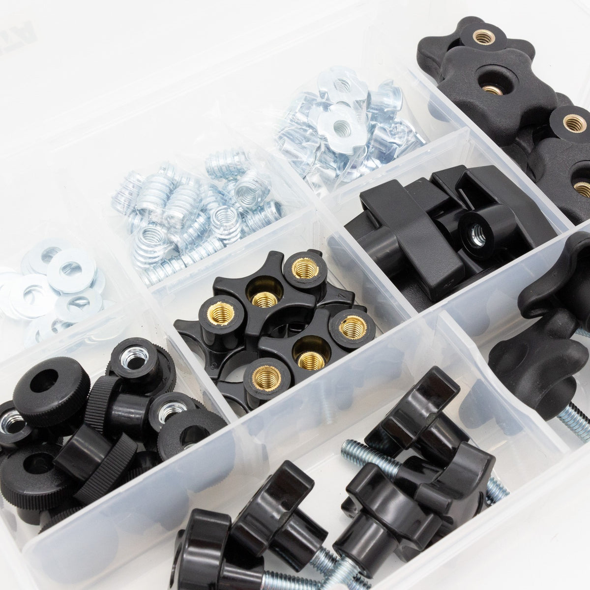 Torquata 118 Piece T-Track Hardware Variety Kit with Knobs & Bolts, neatly organized in carry case