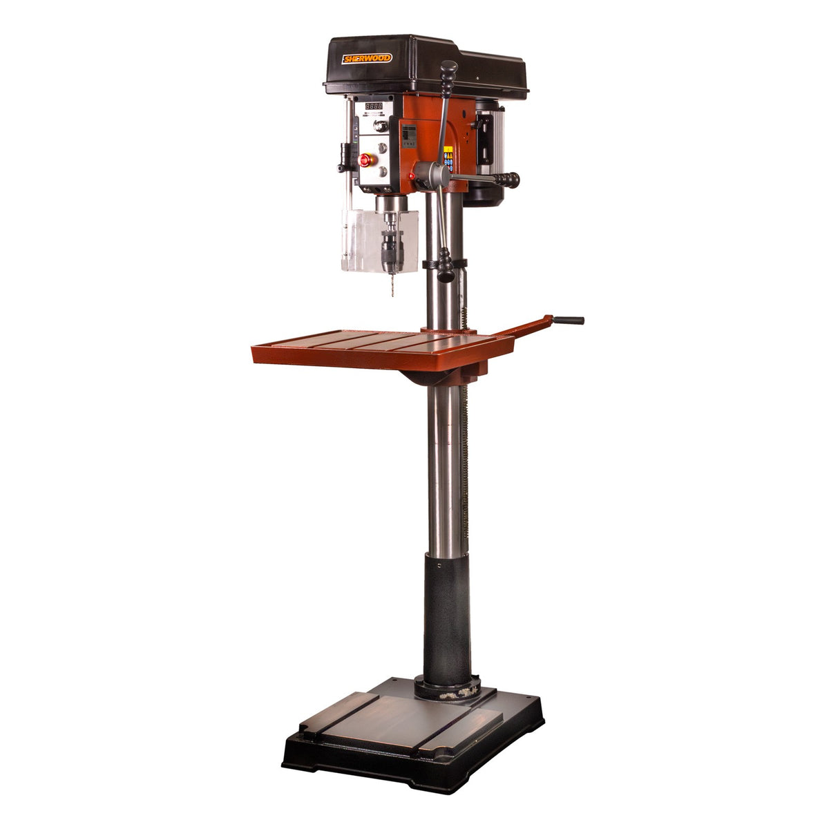 Sherwood 1500W EVS Drill Press floor standing model in action, showcasing electronic speed control and precision engineering