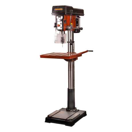 Sherwood 1500W EVS Drill Press floor standing model in action, showcasing electronic speed control and precision engineering