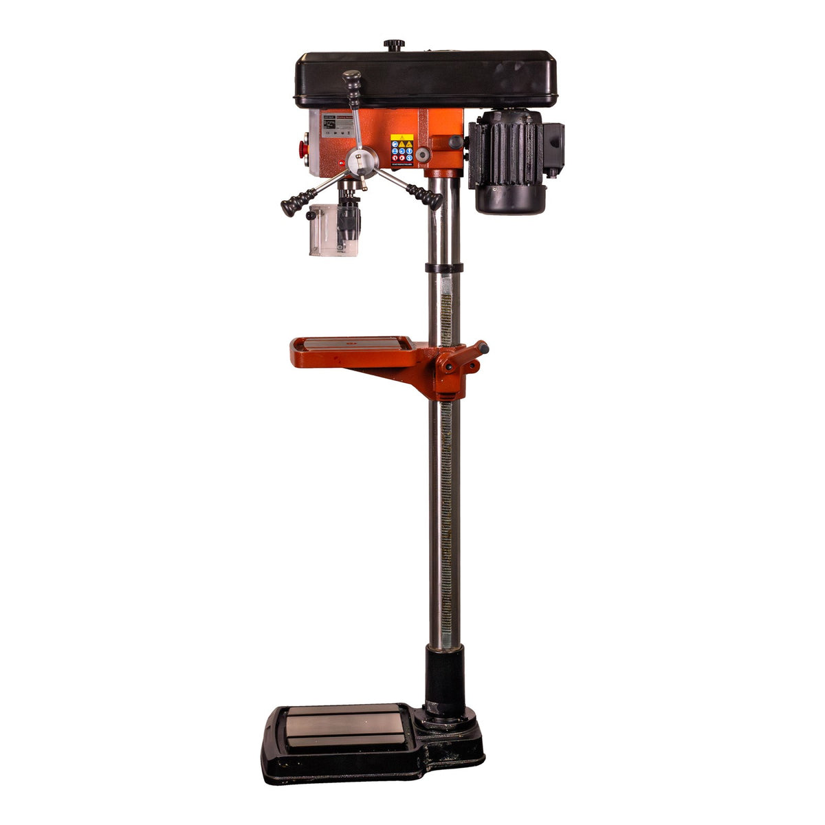 Sherwood Precision Pedestal Drill Press in action drilling through metal and wood