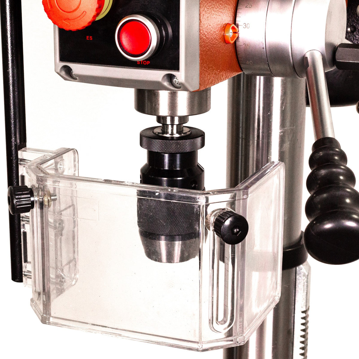 Sherwood Precision Pedestal Drill Press 550W in action drilling metal