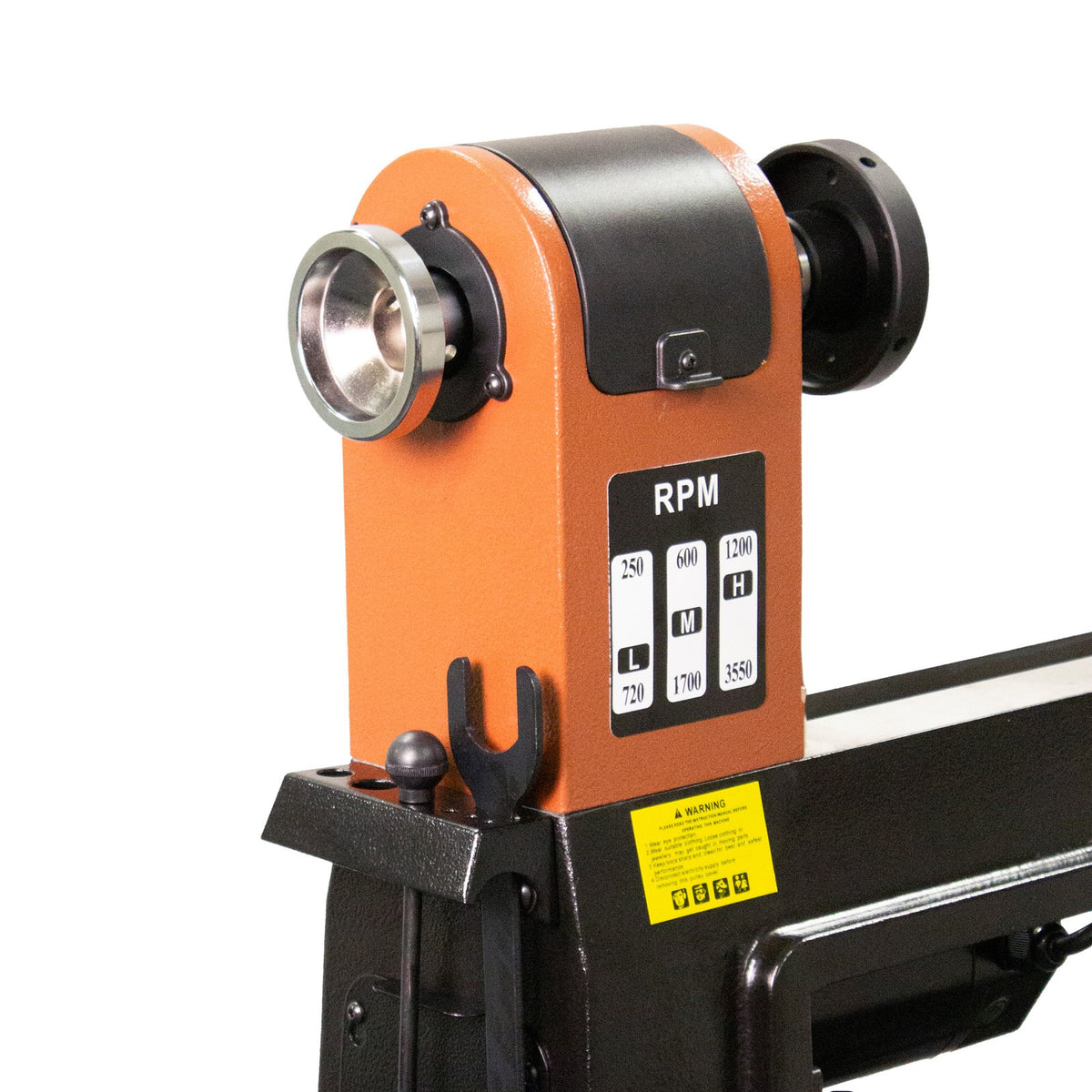 Sherwood Midi Wood Lathe 350mm Swing 750W 1HP from an angle showcasing precision bodywork and smooth spindles
