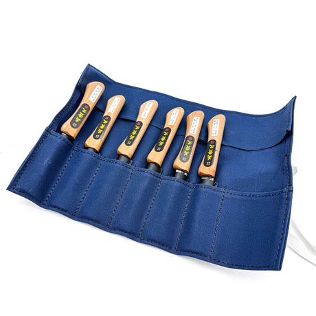 Set of 6 Ikeuchi Mikikichan woodcarving knives with canvas tool roll, perfect for woodworking enthusiasts