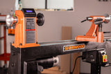 Sherwood Mini Wood Lathe in workshop setting, showcasing variable speed feature