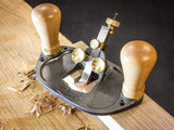 Melbourne Tool Company small and large router hand planes in use on a wooden surface