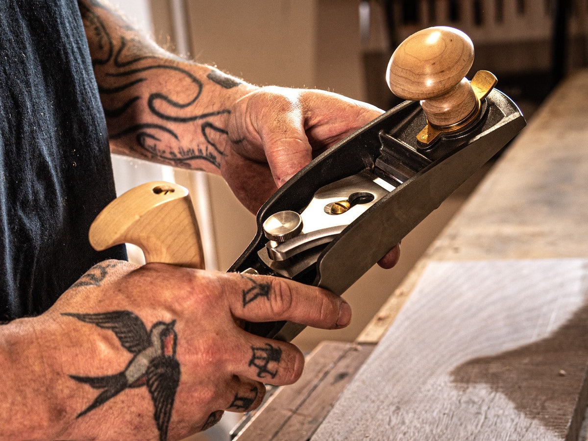 Melbourne Tool Company set of nine hand planes and tools plus blades, low-angle smoothing plane in use
