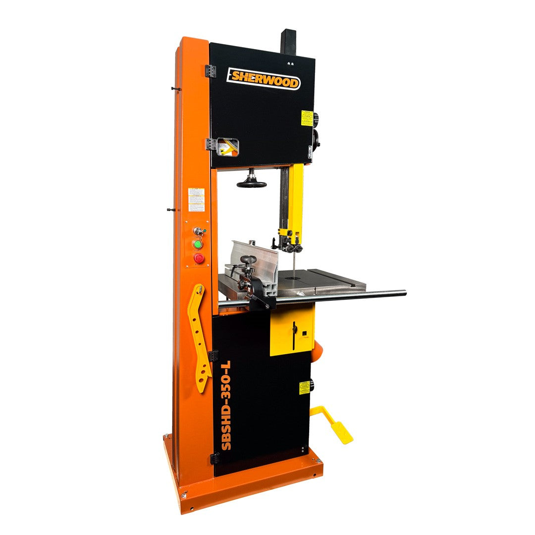 Sherwood 14in Heavy-Duty Bandsaw in action, cutting through wood effortlessly