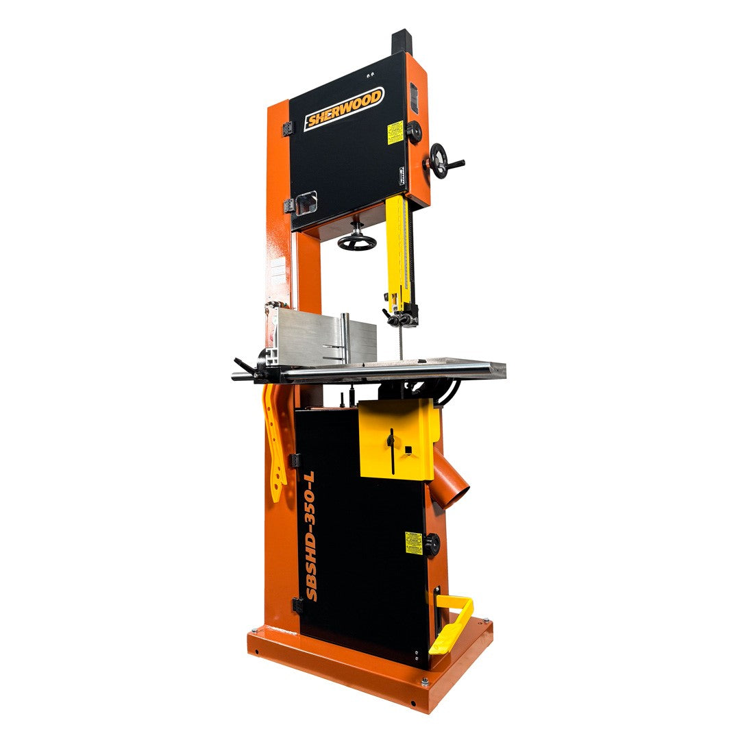 Sherwood 14in 2500W 3HP Heavy-Duty Bandsaw cutting through wood
