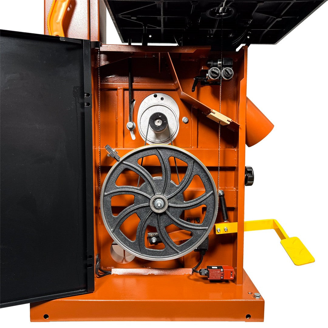 Sherwood 14in Heavy-Duty Bandsaw showing blade tension adjustment mechanism