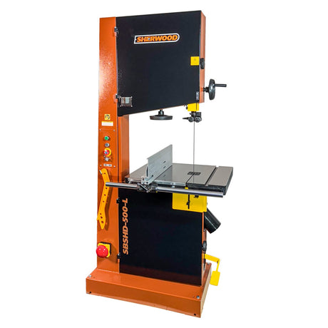 Sherwood 20in 3000W 4HP Industrial Bandsaw in action, demonstrating precision and power
