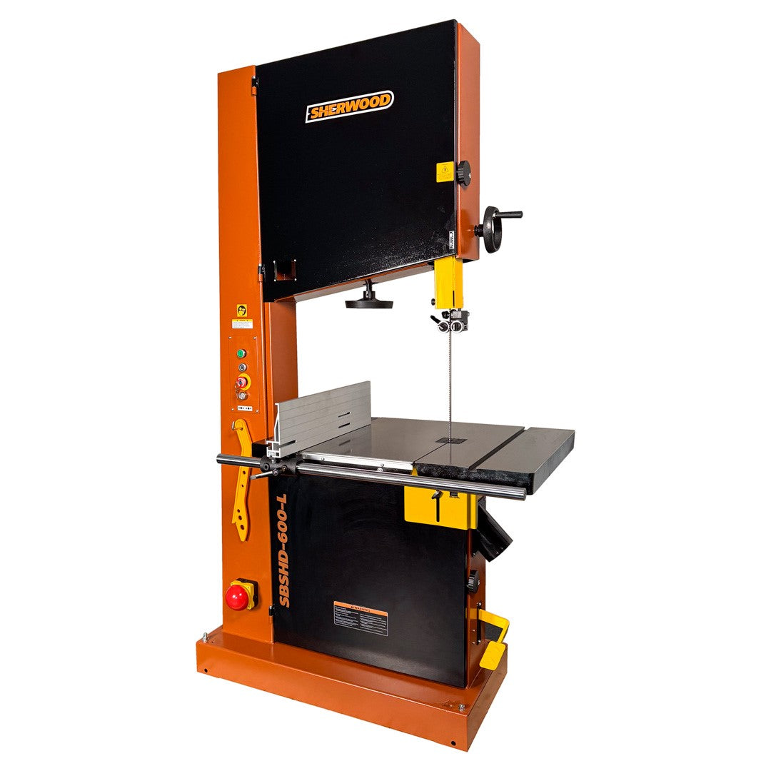 Sherwood 24in 4000W 5HP Industrial Bandsaw in action, showcasing its power and precision
