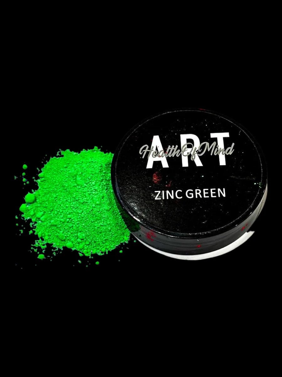 Vibrant zinc green neon pigment powder in 50g jar by Health of Mind Art