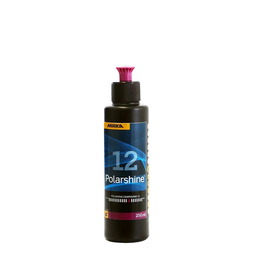 Mirka Polarshine 12 Buffing Compound 250mL in action on wood surface
