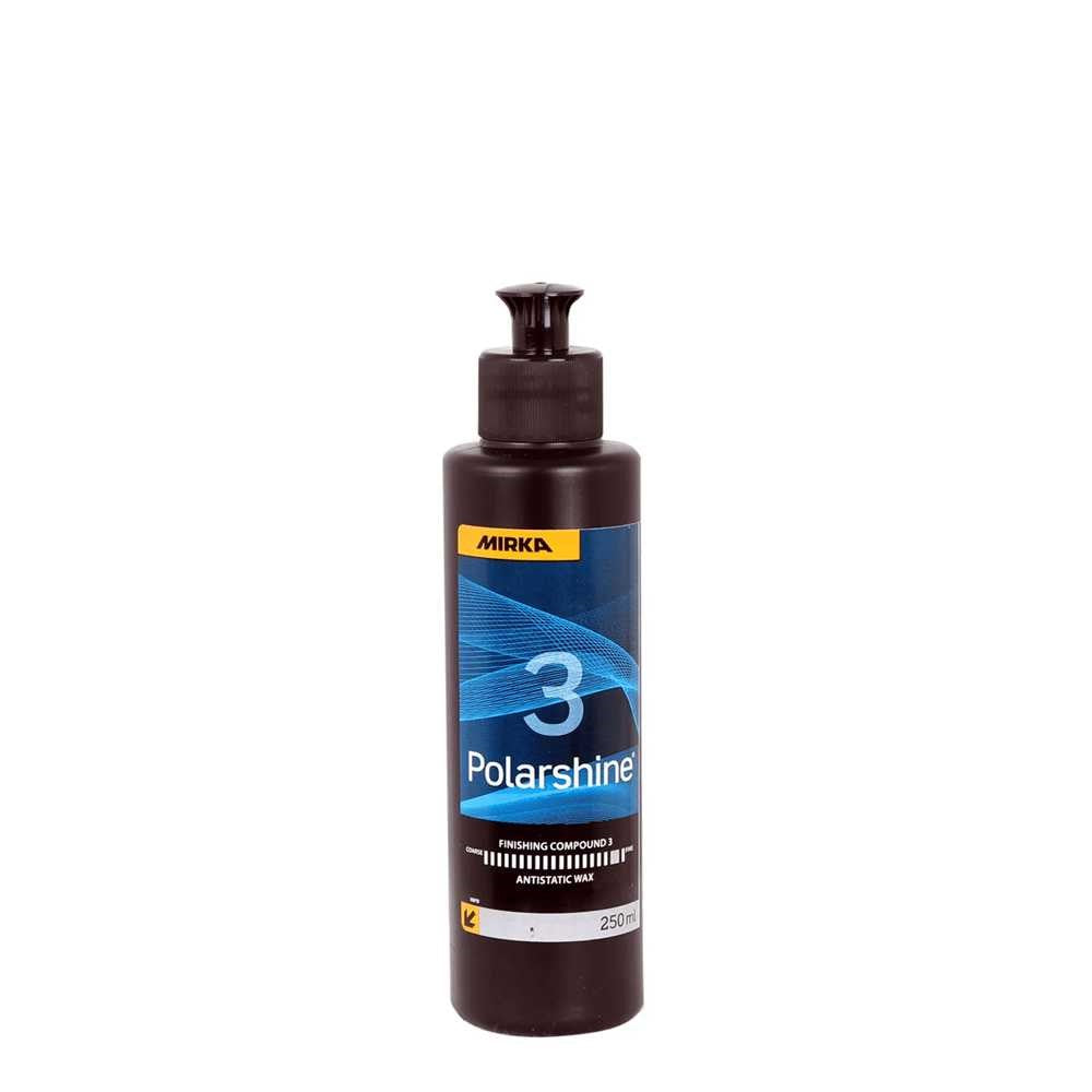 Mirka Polarshine Liquid Nano Wax - 250ml bottle on wooden workbench