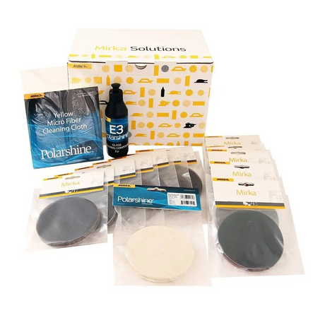 Mirka Abranet Abralon Glass Polishing Kit in action on wood surface