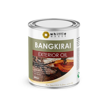 Whittle Waxes Evolution Bangkirai Oil UV Resistant Clear Exterior Finish in 500ml bottle on a wooden surface