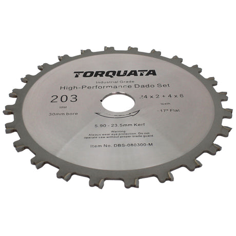 Torquata 8in Metric Dado Saw Blade Set with Shims and Chippers, angled view showcasing precise cutting edges