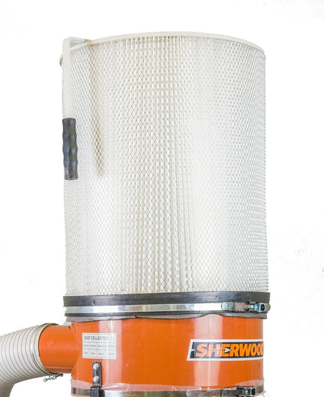 Single stage 750W dust collector PFC-1610 in action, capturing wood dust particles efficiently