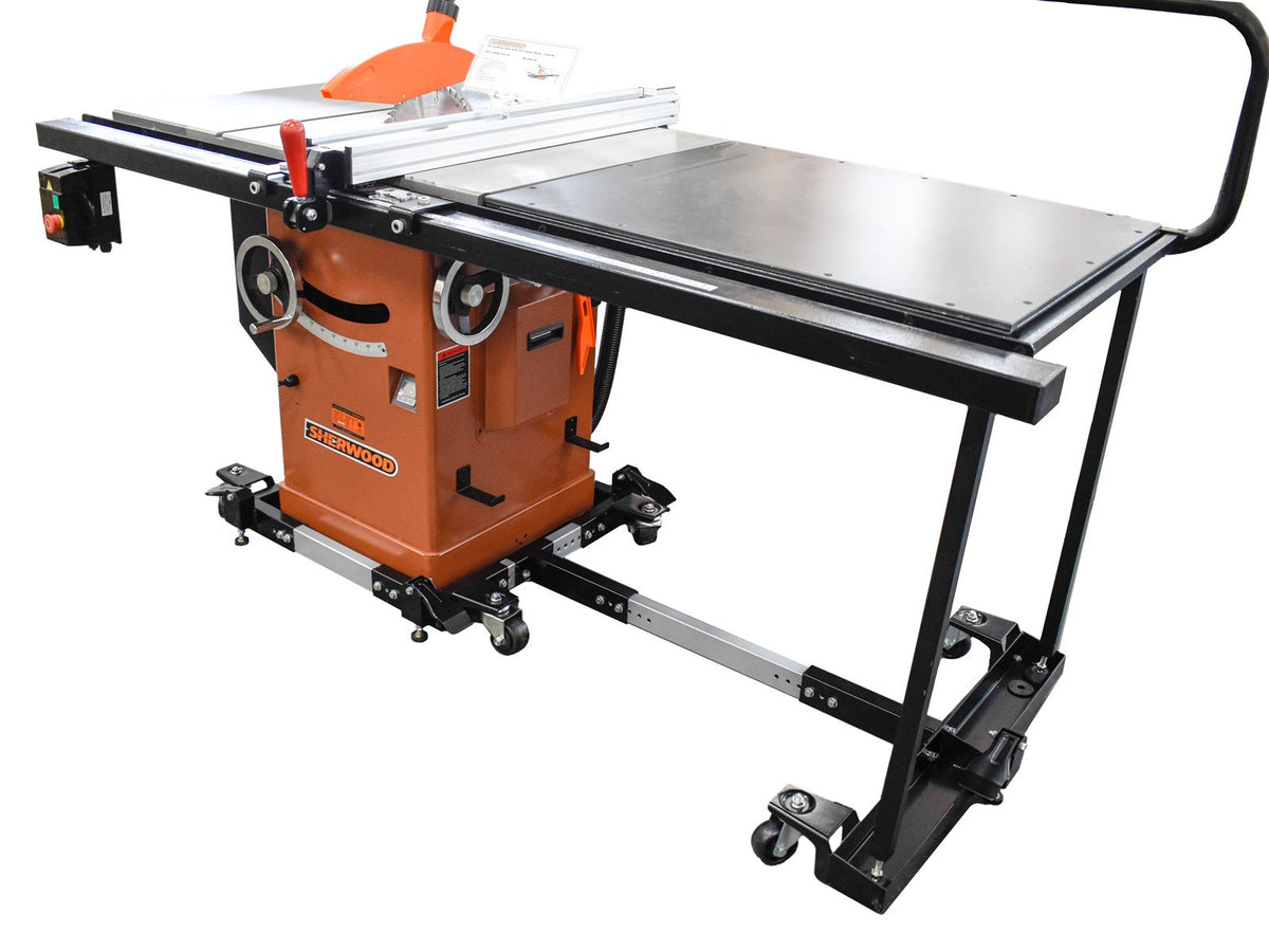 Sherwood 680kg Mobile Machine Base with Table Saw Extension Set in workshop setting