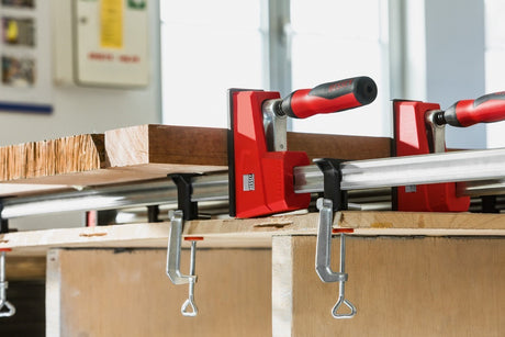Bessey K-Body Revo Vario Clamps in action with adjustable jaws for versatile clamping