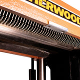 Sherwood 20in Industrial Thicknesser in action, showcasing its helical cutterhead in detail