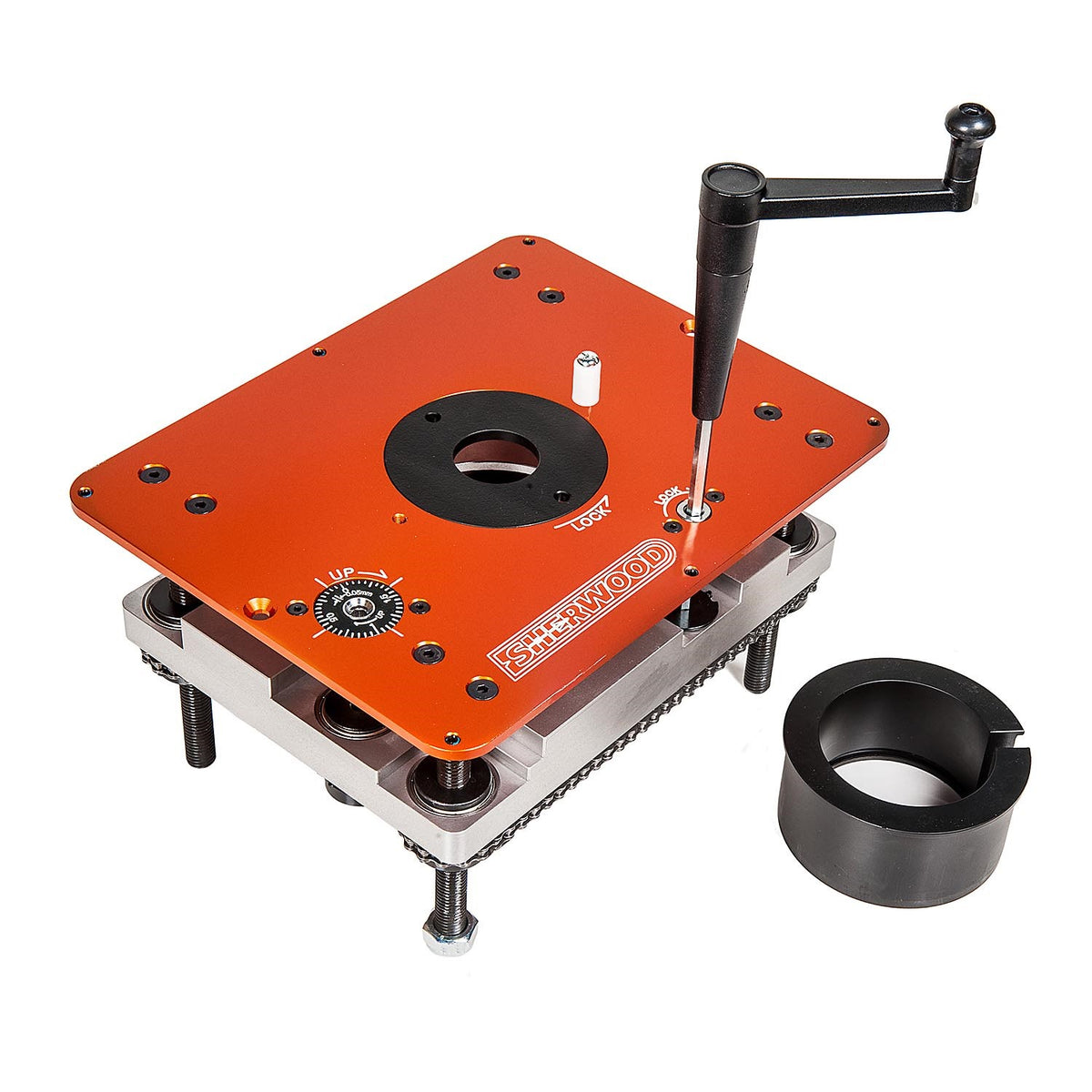 Sherwood Router Lift & Mounting Plate with Water-Cooled Motor Kit in action, showing precision and accuracy for woodworking projects