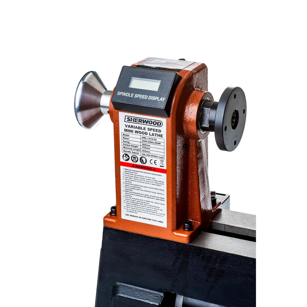 Sherwood Mini Wood Lathe with Stand 305mm Swing 550W Variable Speed, close-up of the lathe's headstock and controls